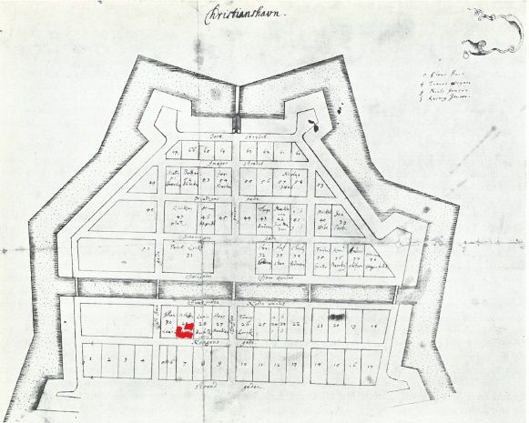 Christianshavn i 1620 med karréen Torvegade-Wildersgade-Overgaden neden Vandet-Skt Annæ Gade. Wildersgade 42-46A er markeret med rødt