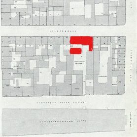 Sådan så karréen ud iflg Berggrens Carréplaner i 1886. Grundopdelingen er stort set den samme som i 1757, men på adskillige ejendomme står der nu højere huse. Wildersgade 42-46A er markeret med rødt