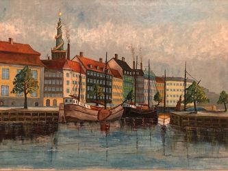 Pakhuse og ejendomme ved Christianshavns Kanal med Vor Frelser Kirke i baggrunden. Oliemaleri af ukendt kunstner. Hænger i opgangen i Wildersgade 46
