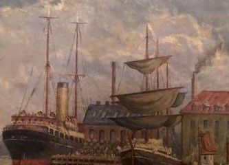 Sejlskibe og dampskib ved Christianshavns pakhuse i Københavns Havn. Oliemaleri af ukendt kunstner. Hænger i opgangen i Wildersgade 46