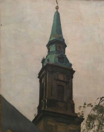 Christians Kirke, 1922. Oliemaleri af Albert Kongsbak (1877-1958). Hænger i opgangen i Wildersgade 46